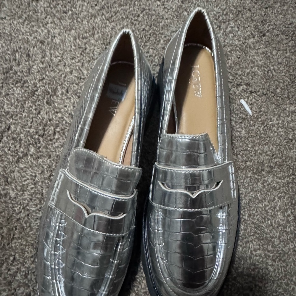 J. Crew Metallic Croc-Embossed Loafers in Silver